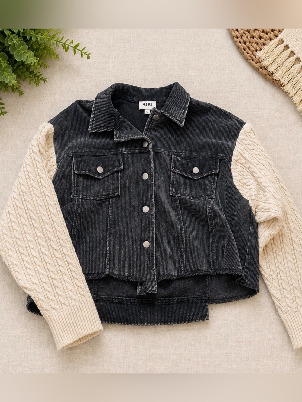 BiBi Mixed Media Corduroy Jacket XL Cropped Cable Knit Sleeve Shacket